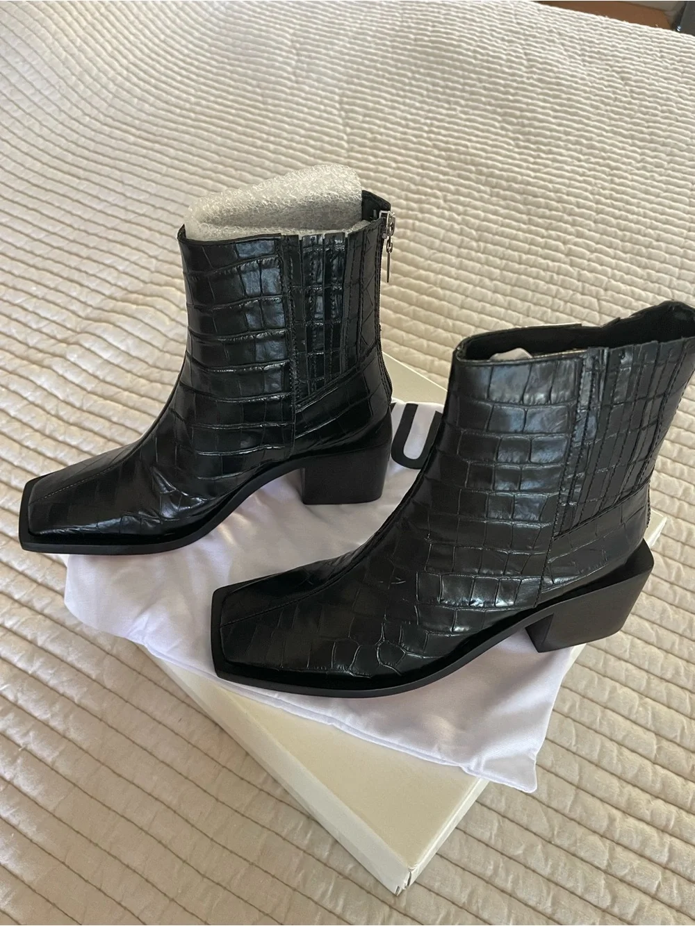 SCHUTZ Black Croc-Embossed Pointed Toe Ankle Boots